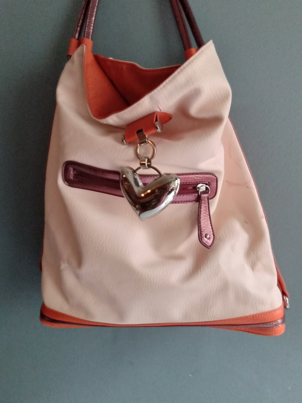 Cream and Orange Colorblock Hobo Bag with Silver Heart Charm and Metallic Trim
